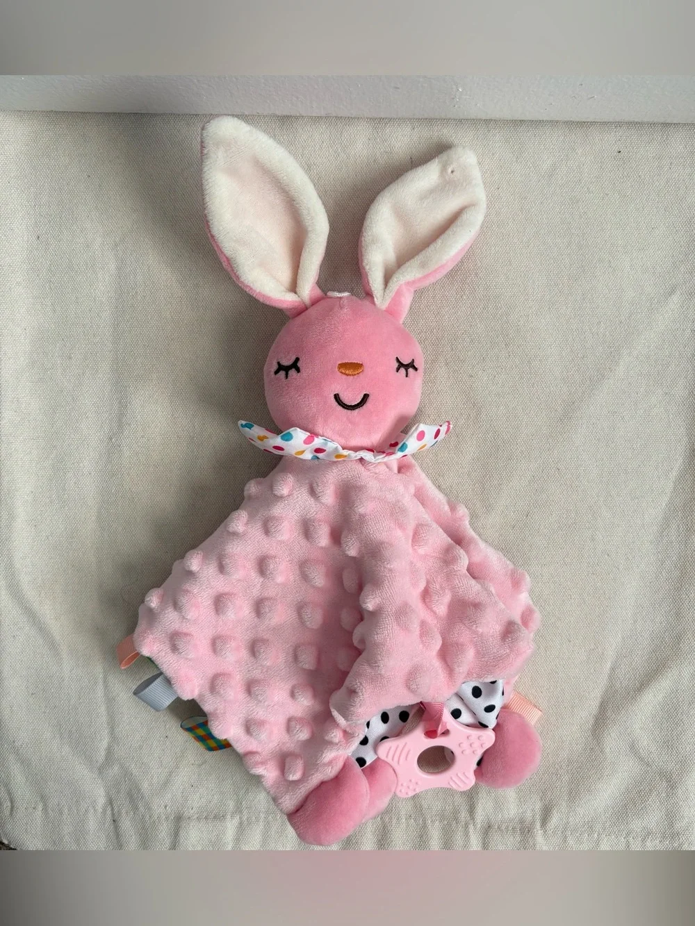 Funny Zoo Bunny Lovey Plush Baby Security Blanket Teether Taggie Tabs Dot Back